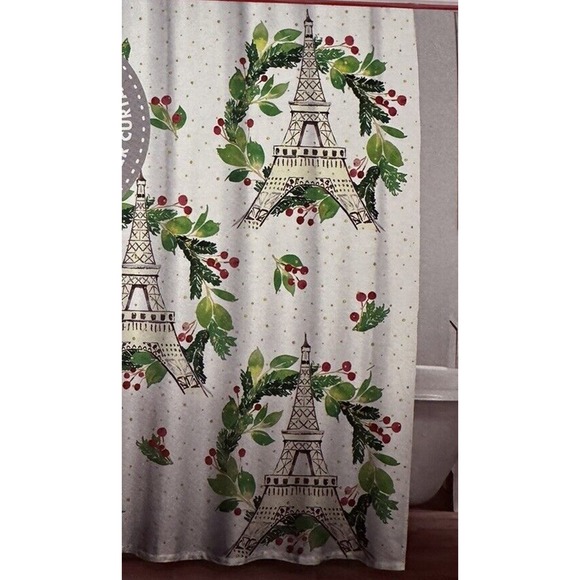 NEW Simply Lux Living Eiffel Tower Christmas Fabric Shower Curtain with Hooks - Picture 1 of 7